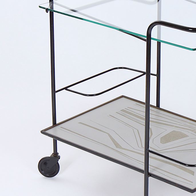 Mathieu Mategot - Rare trolley, metallic structure, glass and carved composite materials tops | MasterArt